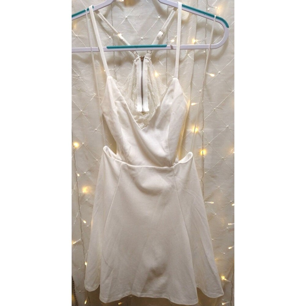 LUSH WOMENS SMALL WHITE DRESS MINI LIGHTWEIGHT FIT FLARE CORSET HOURGLASS V-NECK